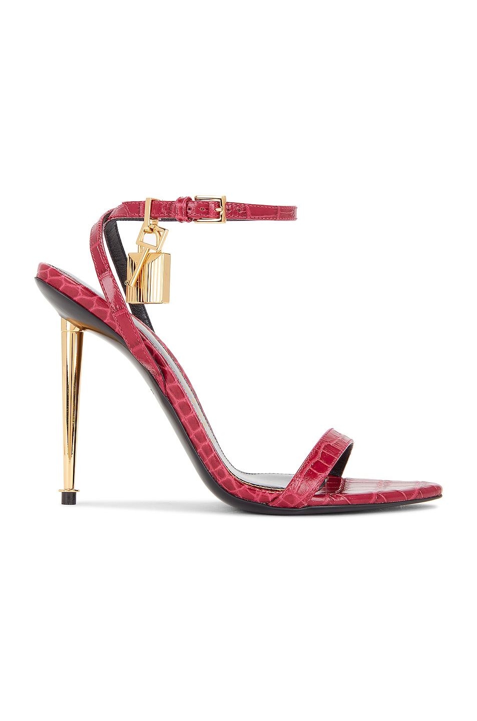 Image 1 of TOM FORD Stamped Croc Padlock Pointy Naked Sandal 105 in Raspberry