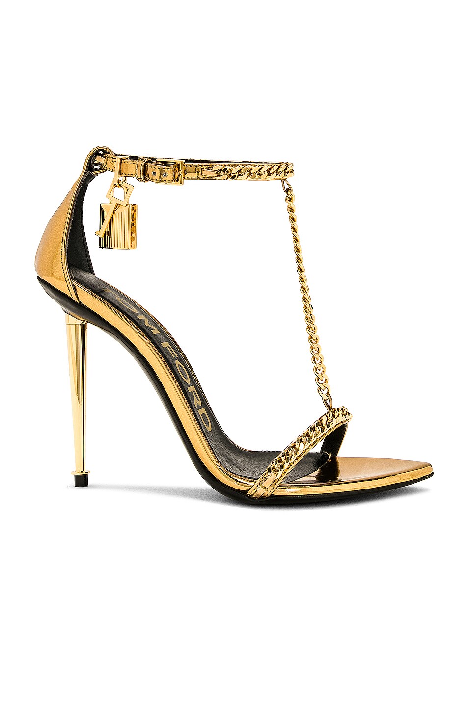 Image 1 of TOM FORD Mirror Padlock Chain Pointy Naked Sandal 105 in Gold