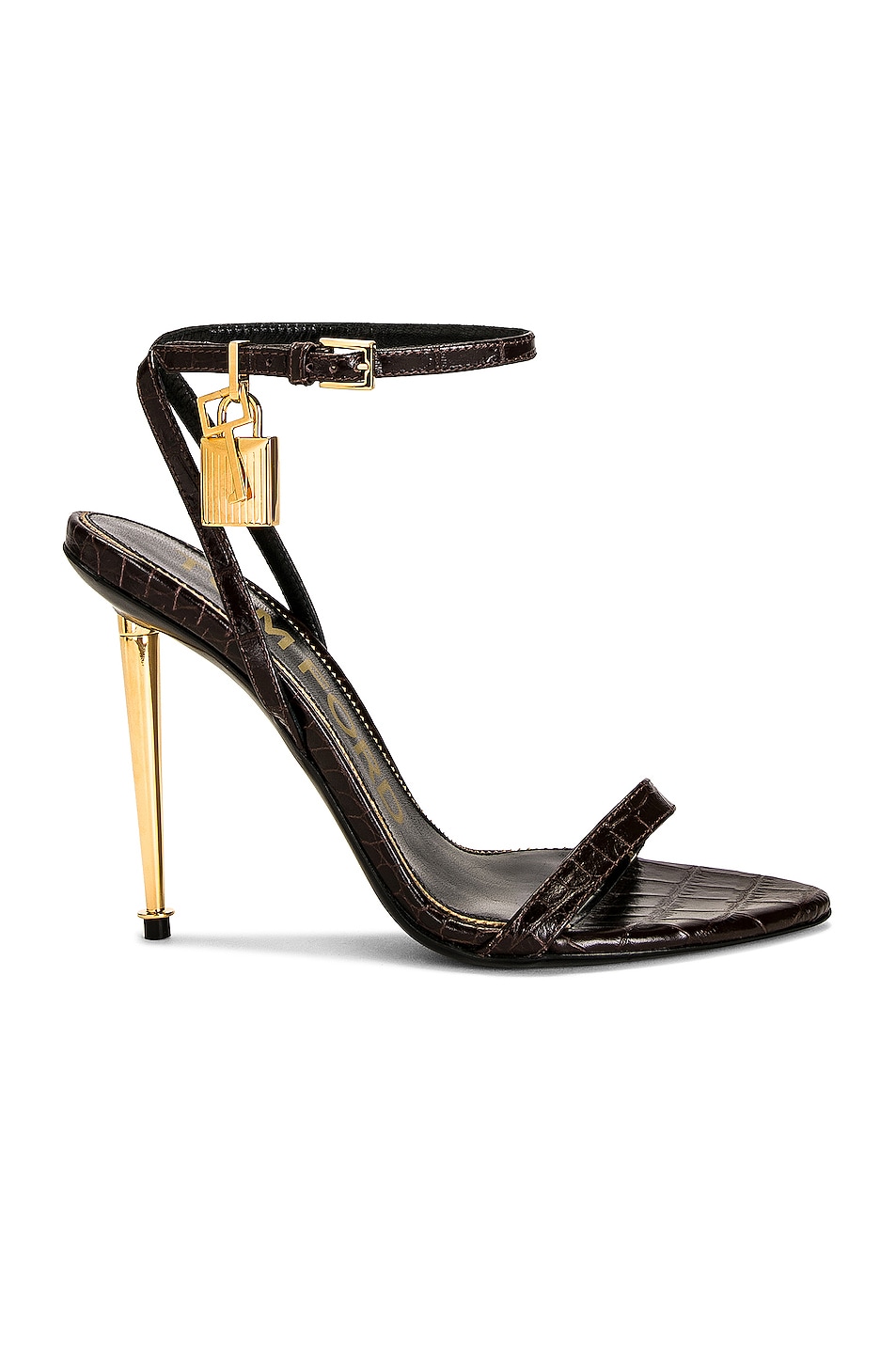Image 1 of TOM FORD Stamped Croc Padlock Pointy Naked Sandal 105 in Chocolate