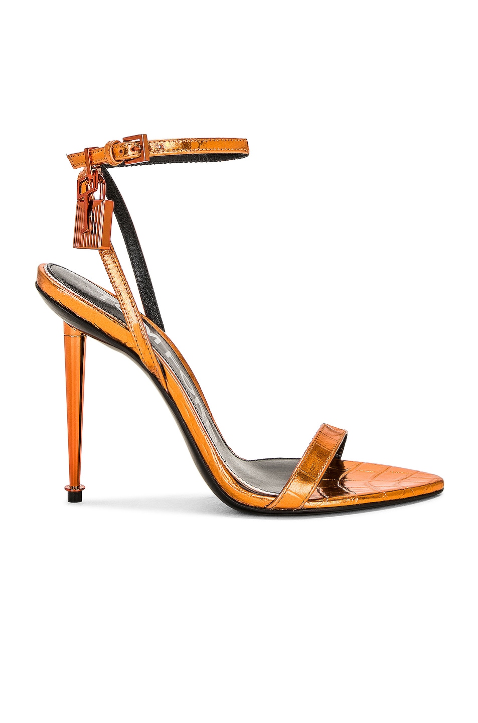 Image 1 of TOM FORD Metallic Stamped Croc Padlock Pointy Naked 105 Sandal in Clementine