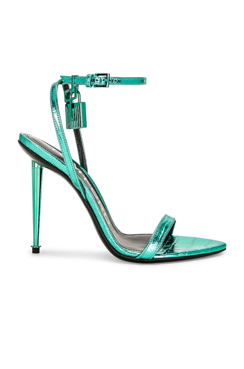 Image 1 of TOM FORD Metallic Stamped Croc Padlock Pointy Naked 105 Sandal in Lagoon