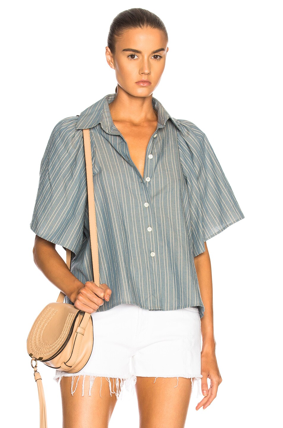 Image 1 of The Great Butterfly Button Up Top in Chambray Stripe