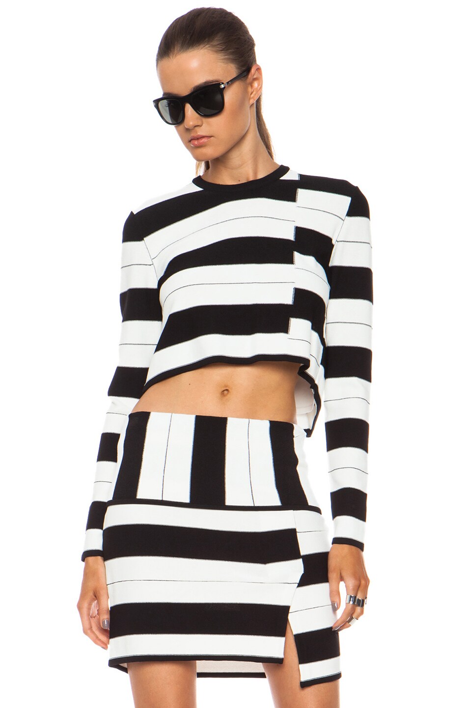 Image 1 of Thakoon Addition Staggered Stripe Viscose-Blend Pullover in Black & White
