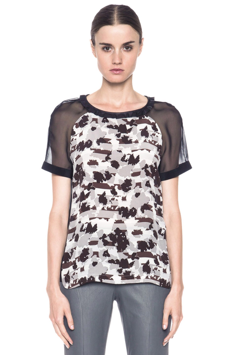 Image 1 of Thakoon Addition Ruffled Leather Collar Silk Top in Black & Grey