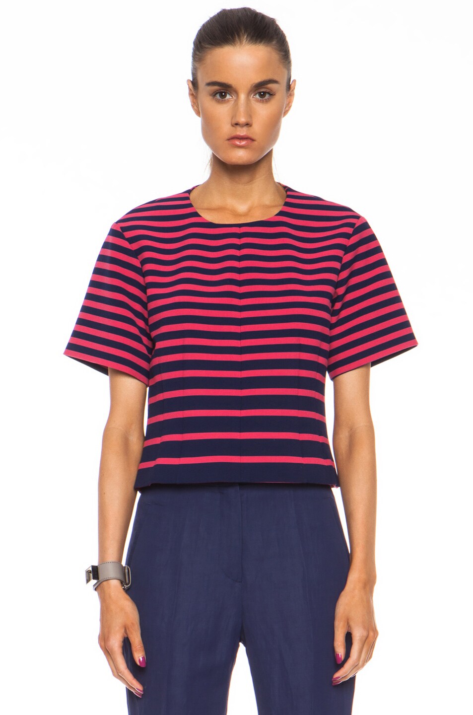 Image 1 of Thakoon Addition Striped Poly-Blend Top in Navy & Pink
