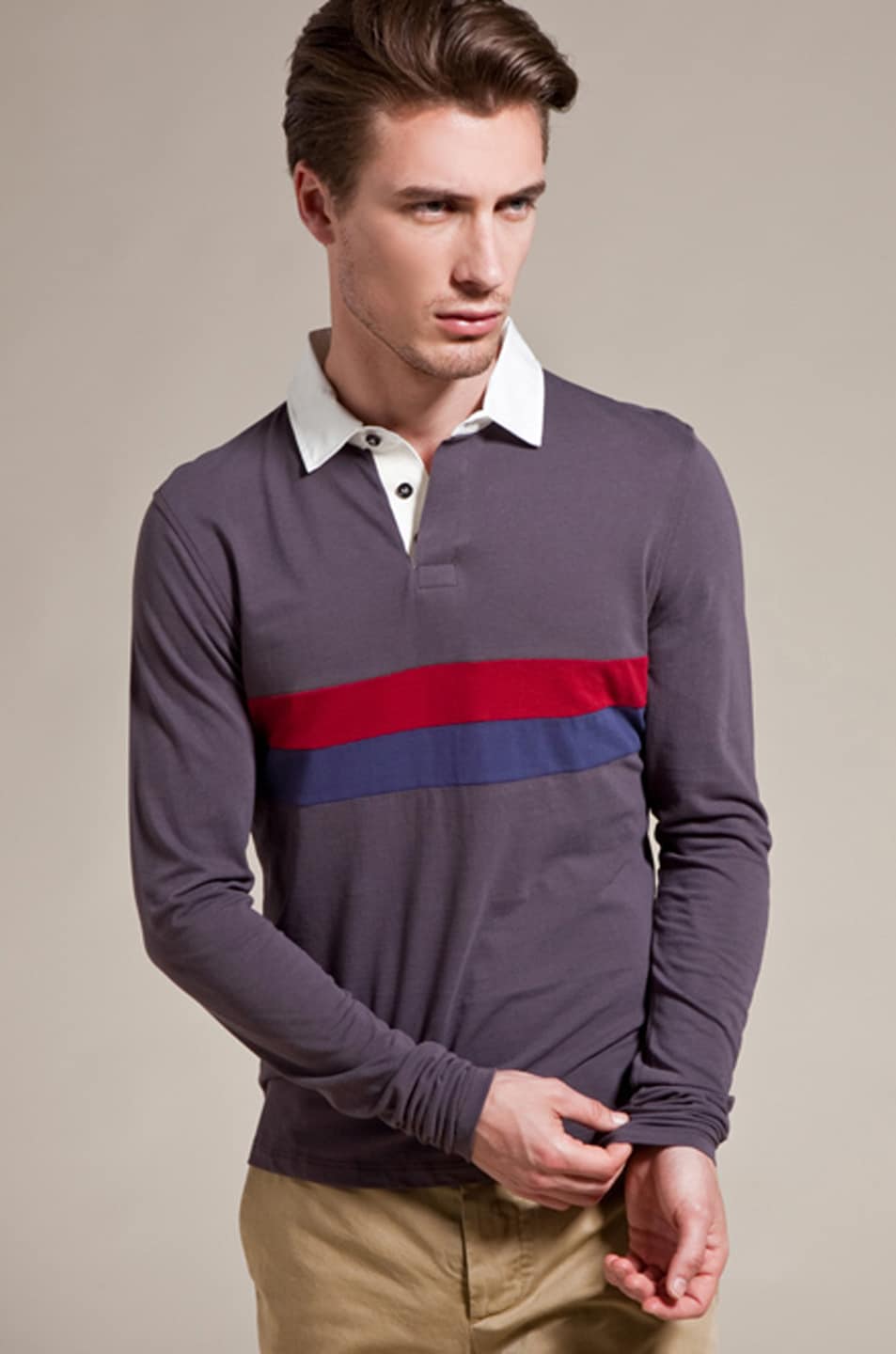 Image 1 of THIS IS NOT A POLO SHIRT. by band of outsiders Long Sleeve Panel Stripe Polo in Plum Brown & Red & Crown Blue Stripe