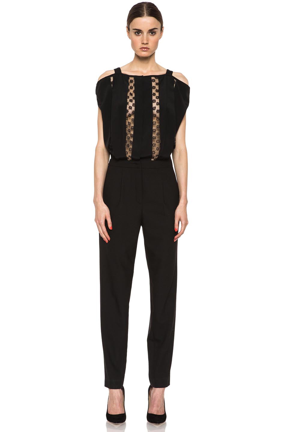 Image 1 of Thakoon Cut-Out Shoulder Lace Insert Silk Jumpsuit in Black