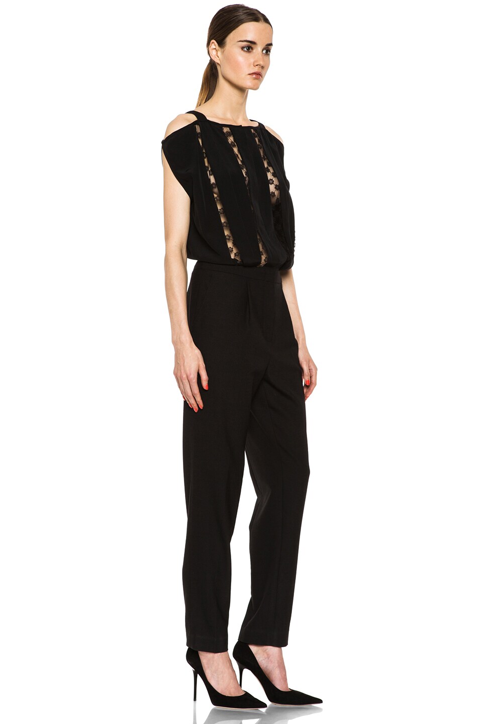 Thakoon Cut-Out Shoulder Lace Insert Silk Jumpsuit in Black | FWRD