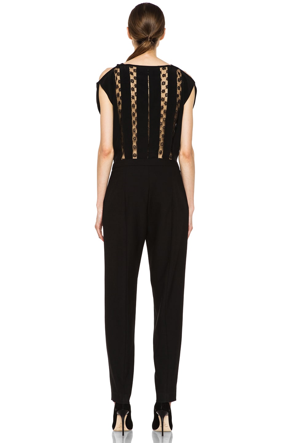 Thakoon Cut-Out Shoulder Lace Insert Silk Jumpsuit in Black | FWRD