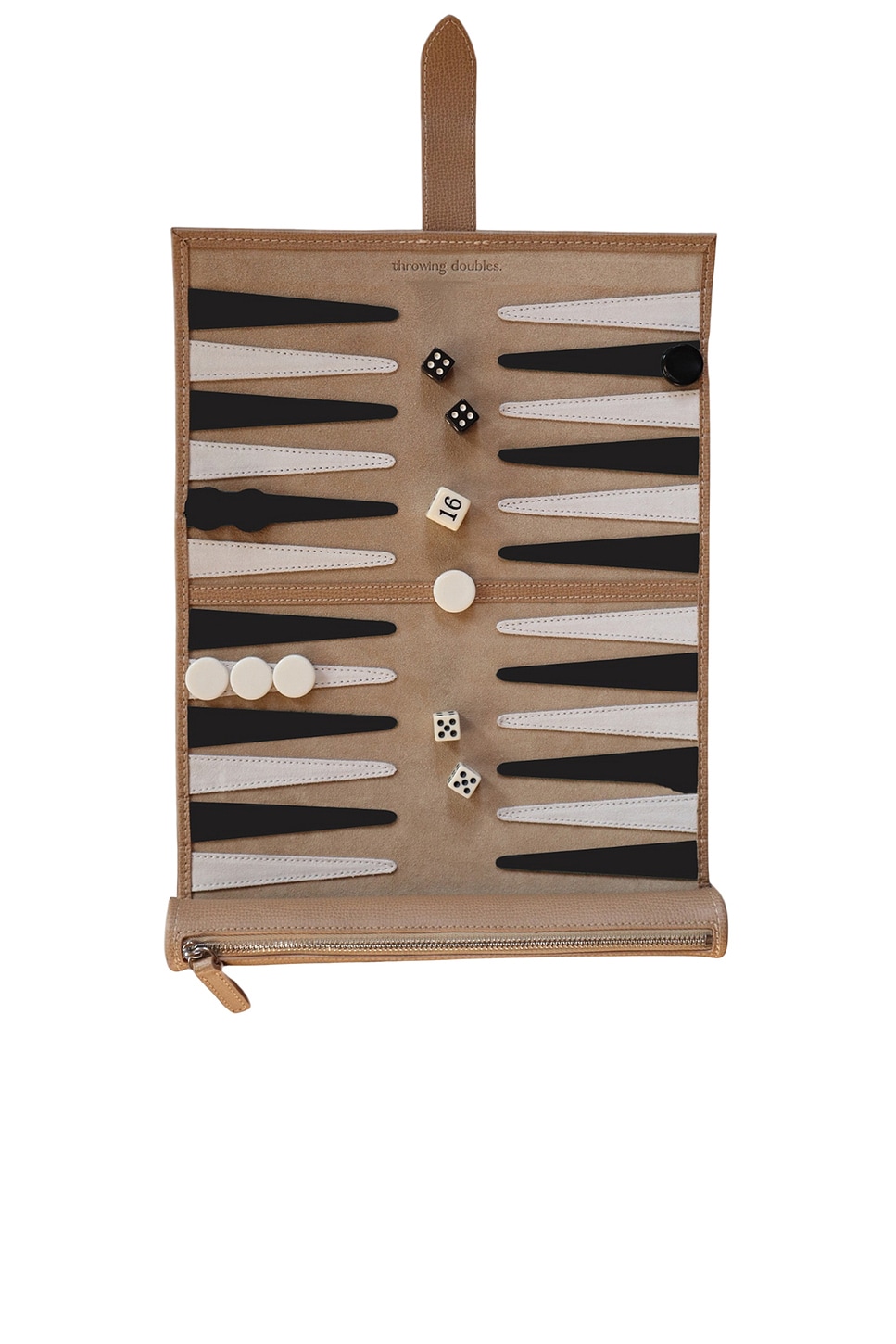 Image 1 of Throwing Doubles Manhattan Travel Backgammon Board in Black, White, & Beige