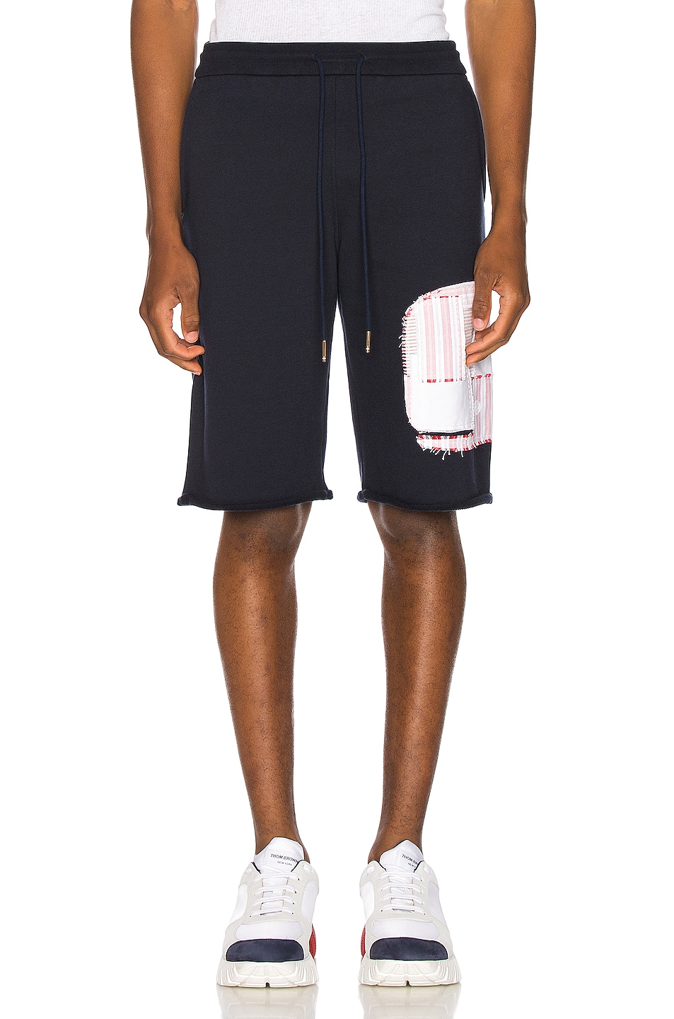 Image 1 of Thom Browne Cut Off Patchwork Sweat Shorts in Navy