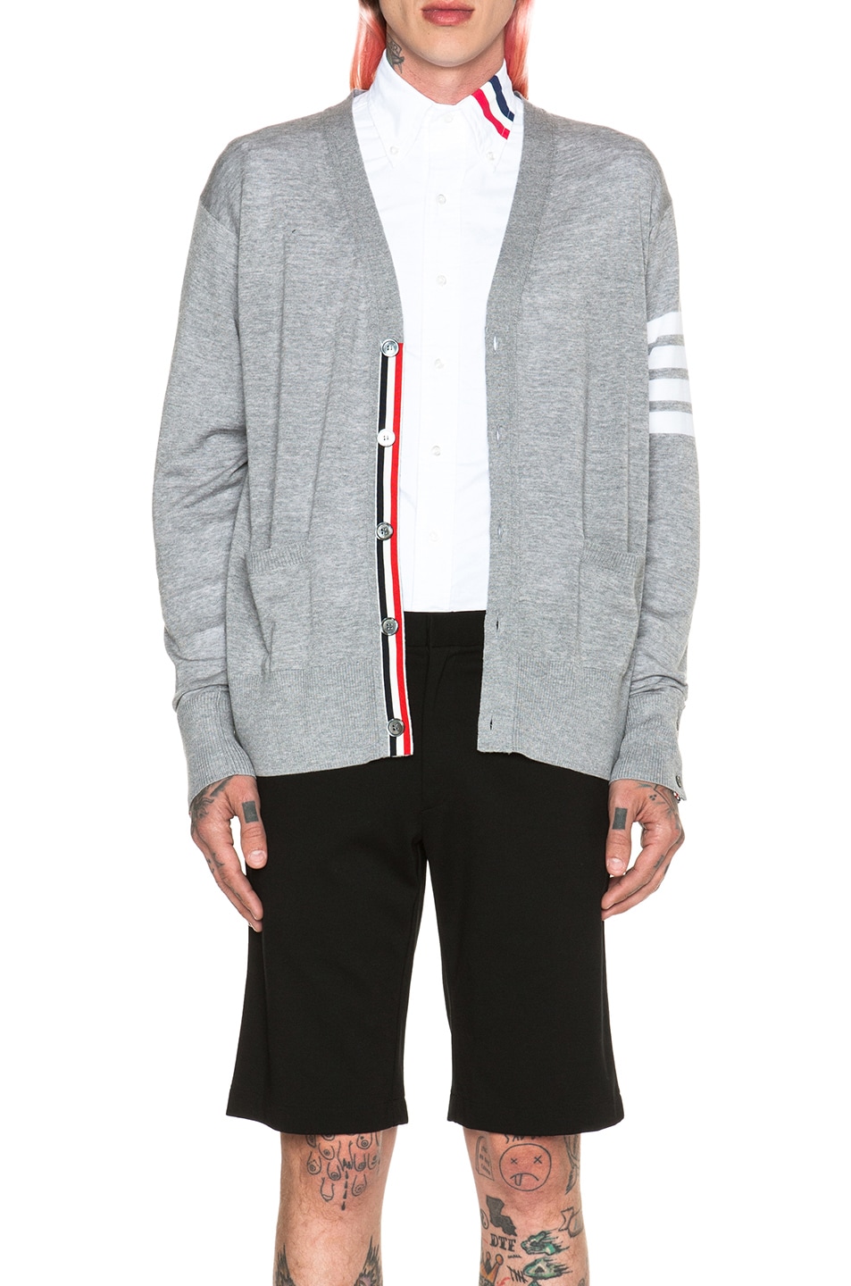 Image 1 of Thom Browne Wool Cardigan with Bar Stripe Sleeve in Light Grey