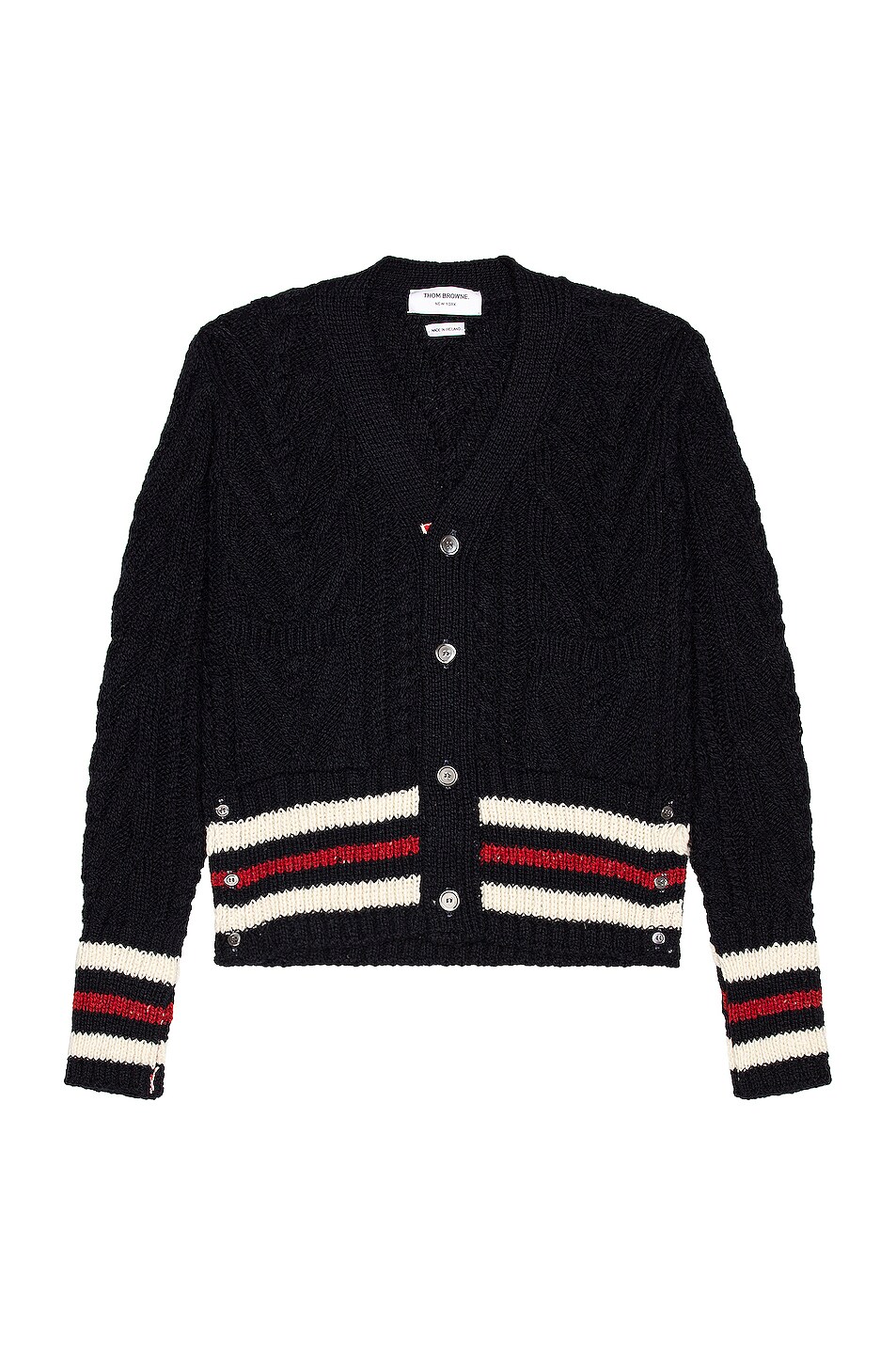 Image 1 of Thom Browne Aran Cable V Neck Cardigan in Navy