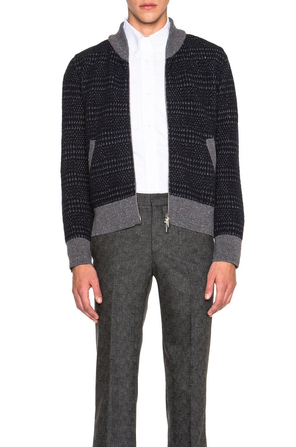 Image 1 of Thom Browne Prince Of Wales Check Boiled Wool Bomber in Grey & Navy