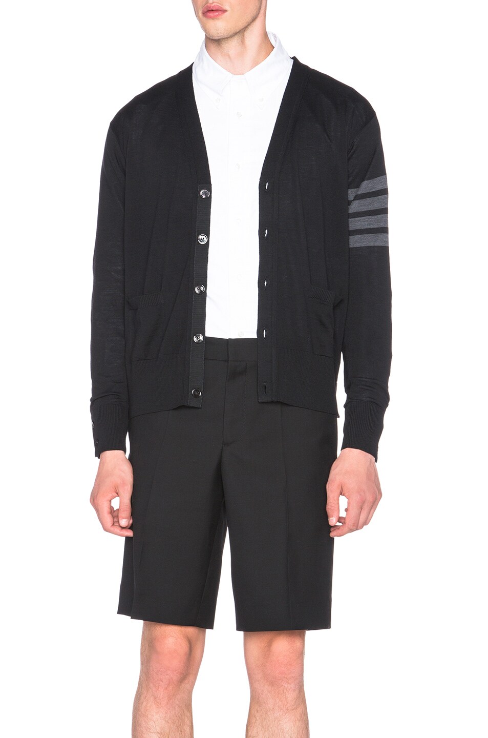 Image 1 of Thom Browne Classic V Neck Cardigan in Black & Charcoal