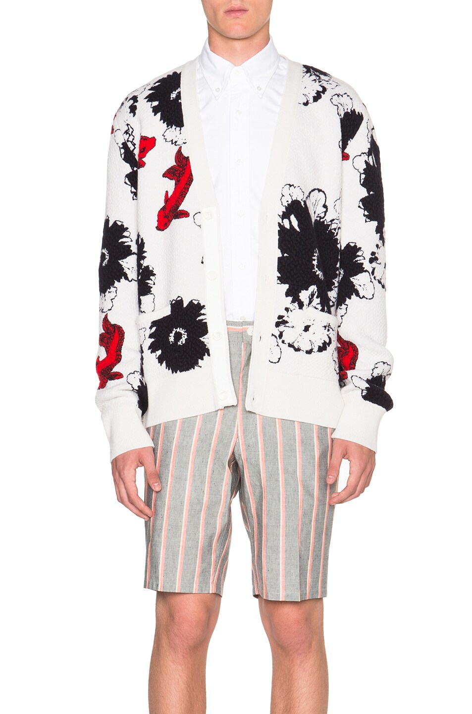 Image 1 of Thom Browne Floral Jacquard Cashmere Cardigan in Red, White & Blue