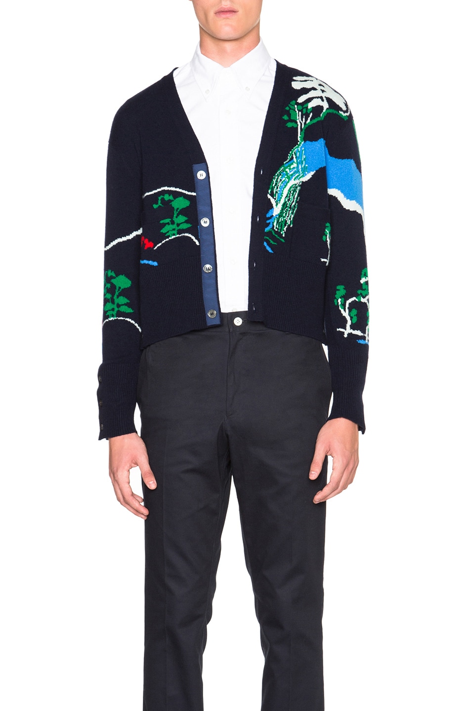 Image 1 of Thom Browne Landscape Intarsia Cashmere Cardigan in Navy Multi