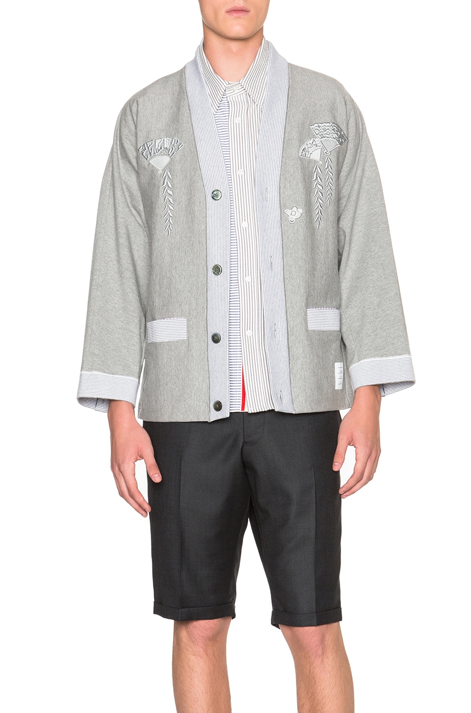 Image 1 of Thom Browne Haori Cardigan with Fan Embroidery in Light Heather Grey