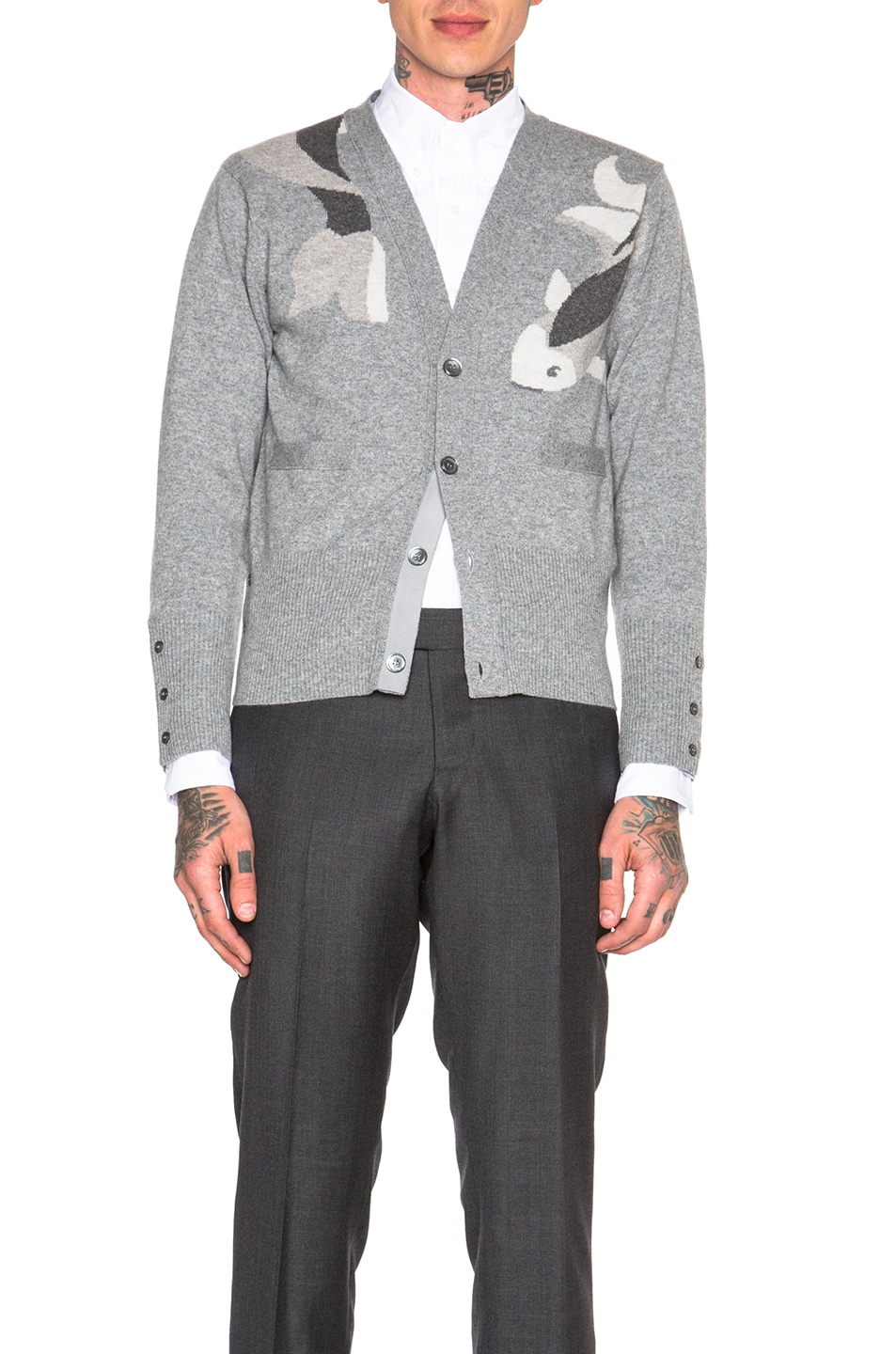 Image 1 of Thom Browne Koi Fish Intarsia Cashmere Cardigan in Tonal Grey