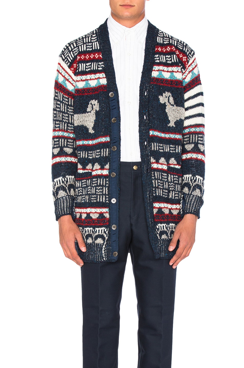 Image 1 of Thom Browne Hector Browne Fair Isle Jacquard Cardigan in Red, White & Blue