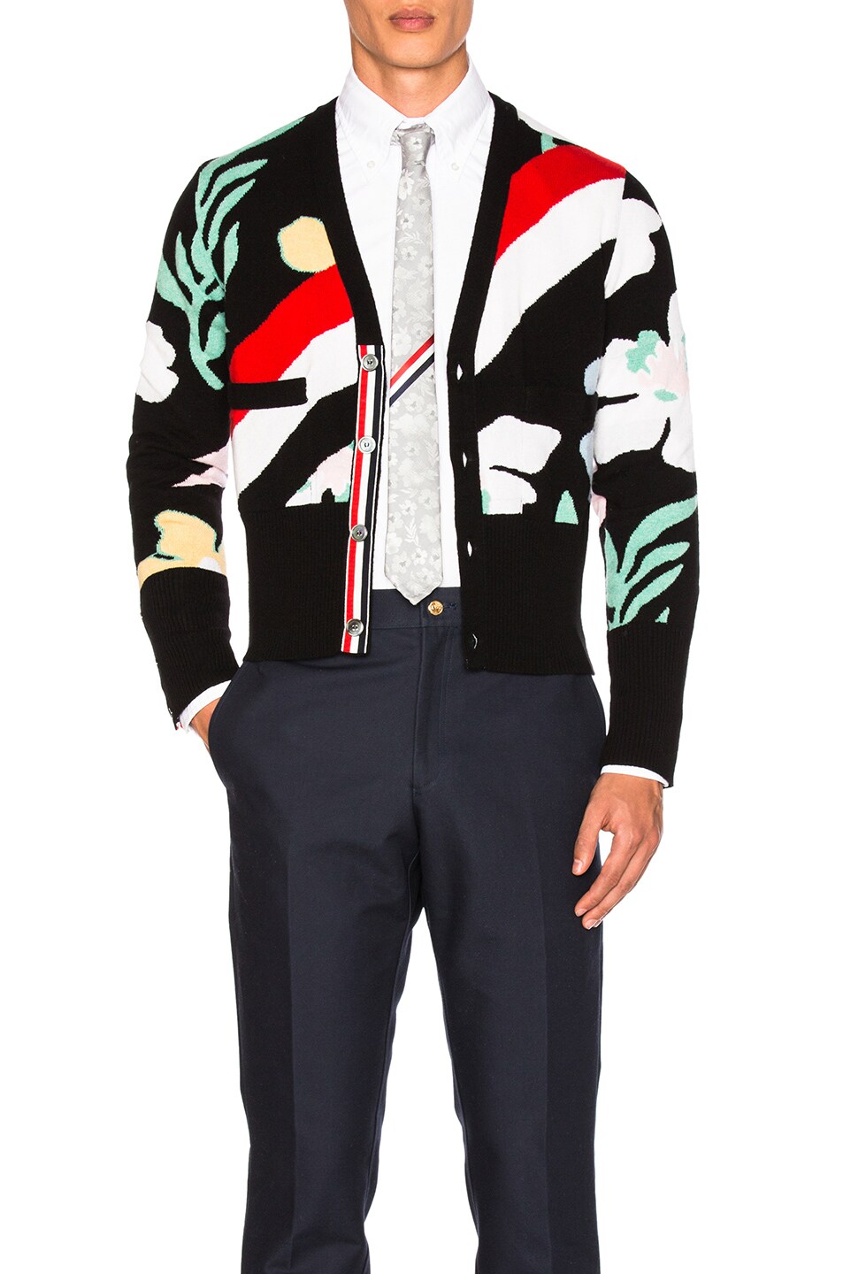 Image 1 of Thom Browne Floral Intarsia Cashmere Cardigan in Black