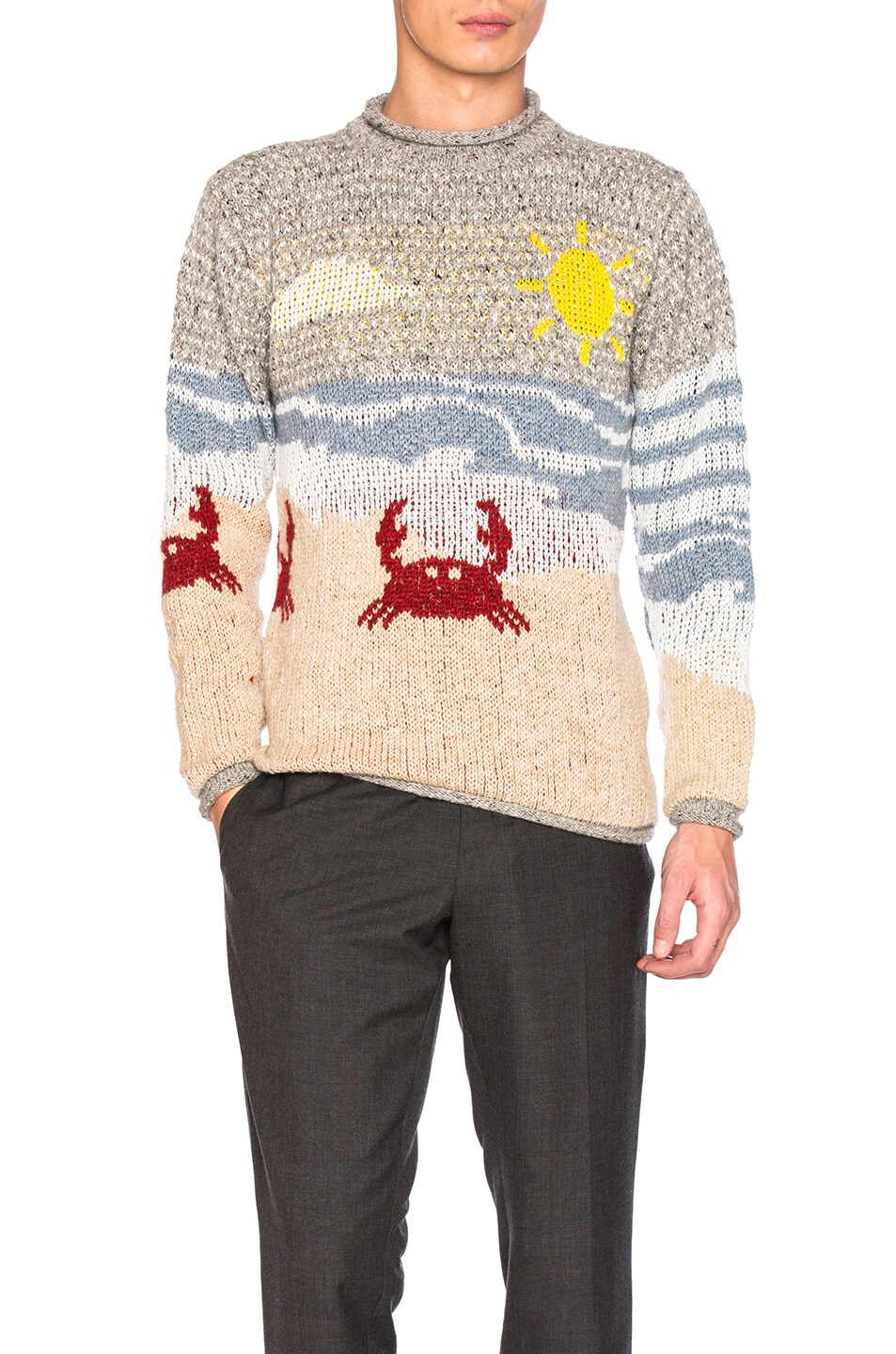 Image 1 of Thom Browne Beach Scene Icon Jacquard Pullover Sweater in Light Blue