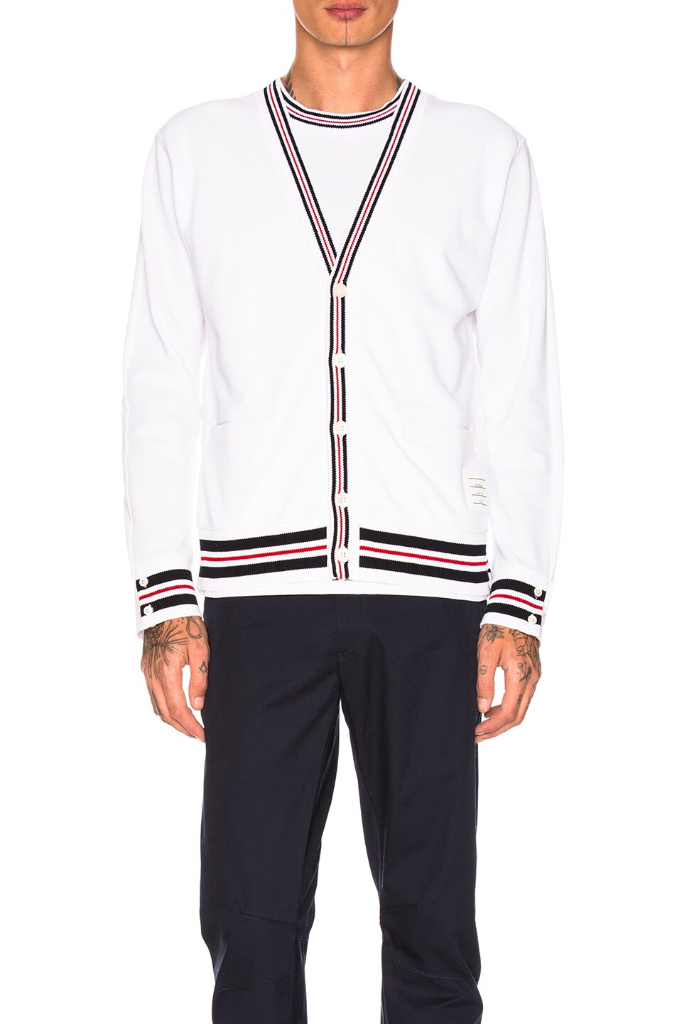 Image 1 of Thom Browne Reconstructed V-Neck Cardigan & Long Sleeve Pocket Tee in White