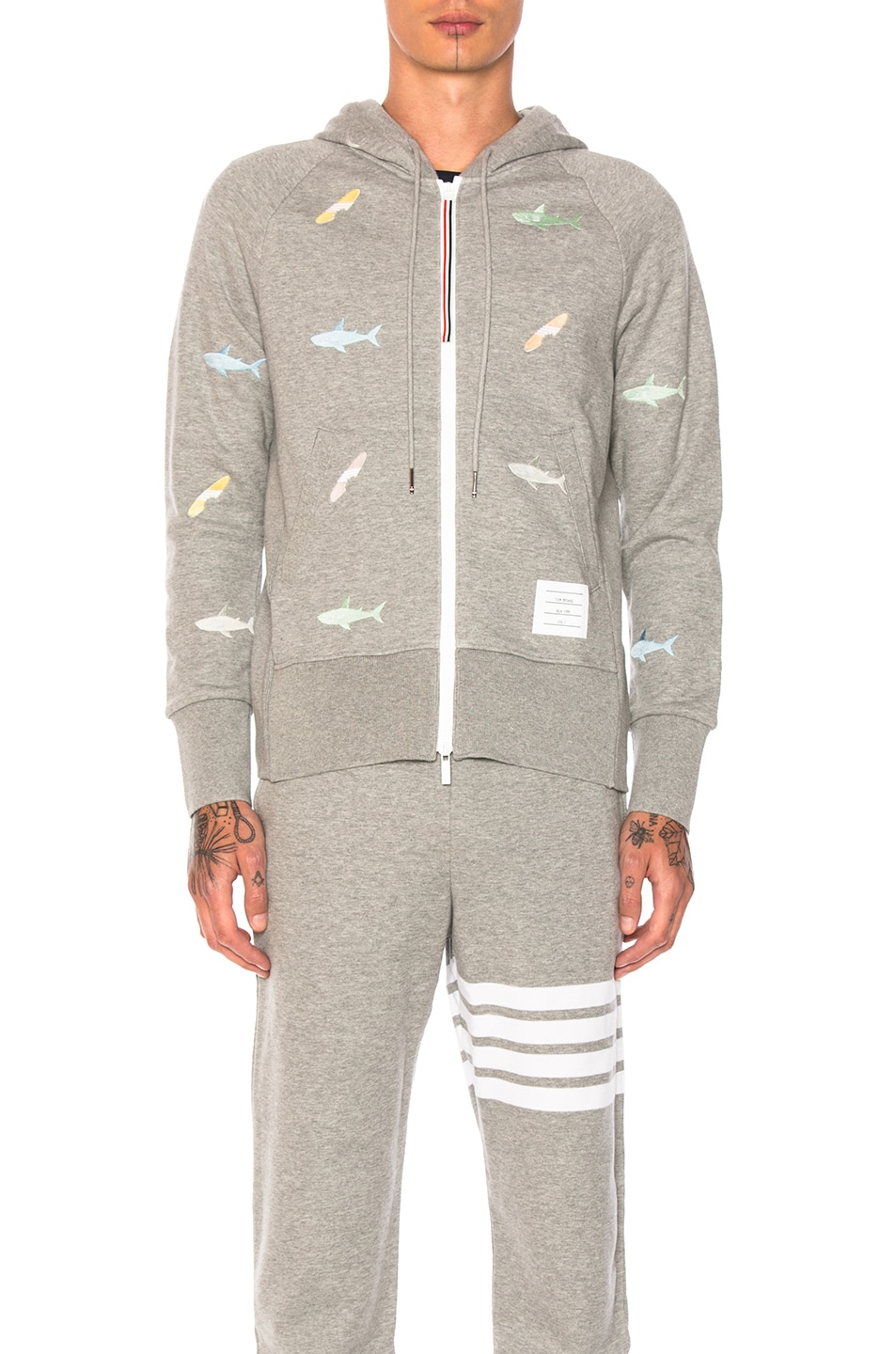 Image 1 of Thom Browne Shark & Surfboard Embroidery Zip Hoodie in Light Gray