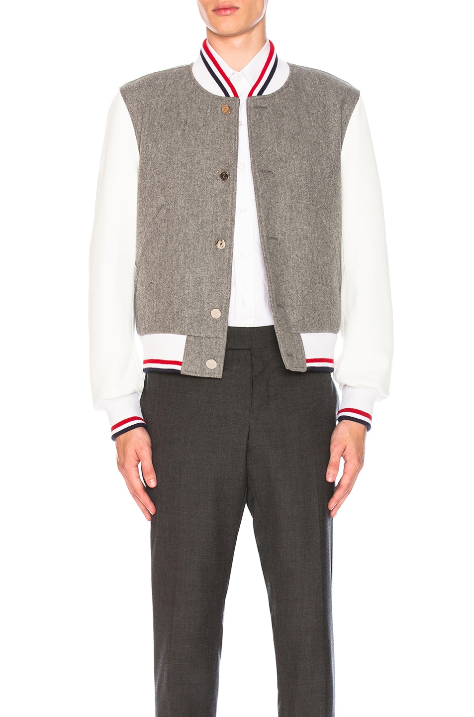Image 1 of Thom Browne Button Front Varsity Jacket in Medium Grey