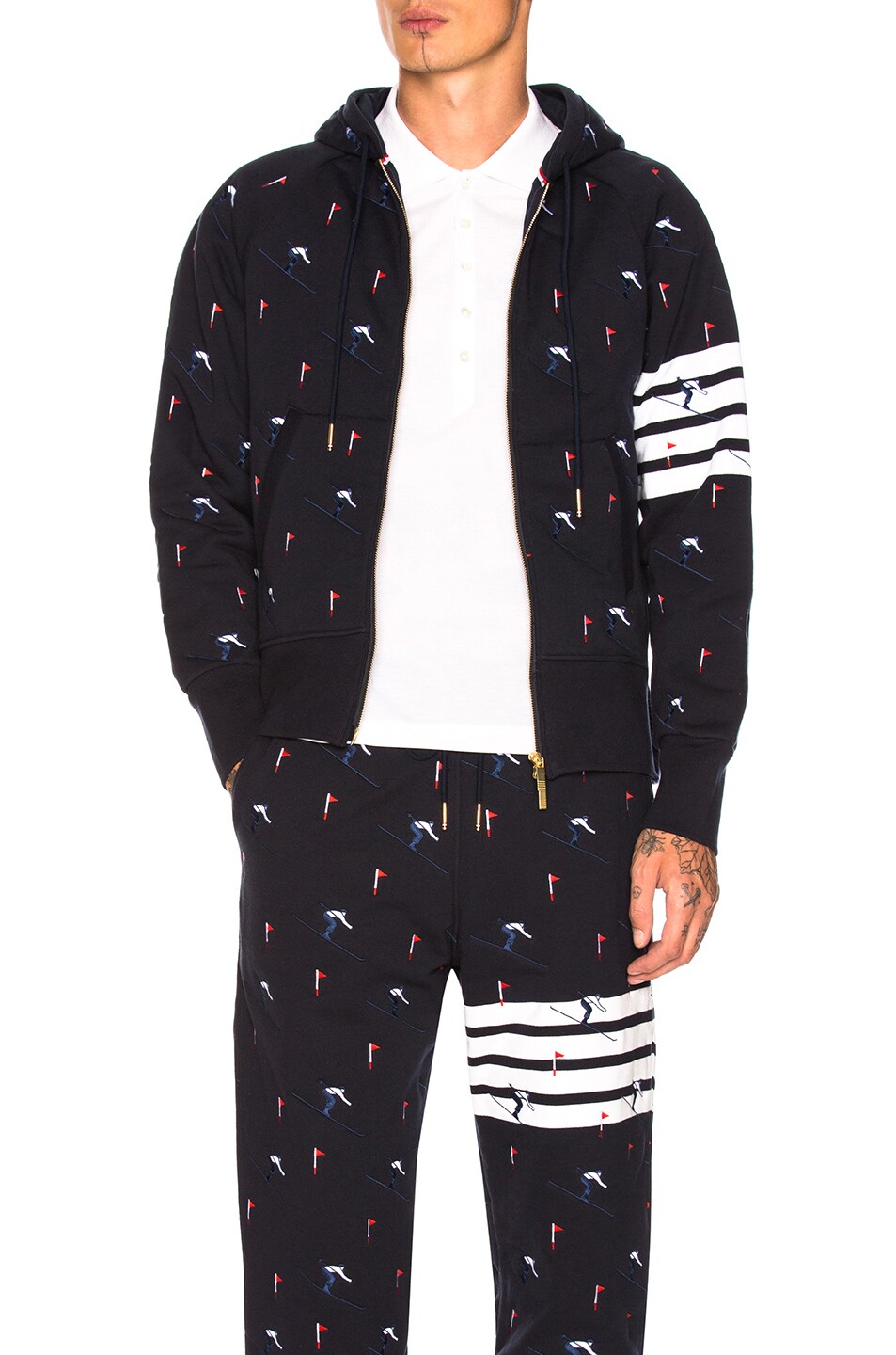 Image 1 of Thom Browne Quilted Loopback Zip Up Hoodie with Skier Embroidery in Navy