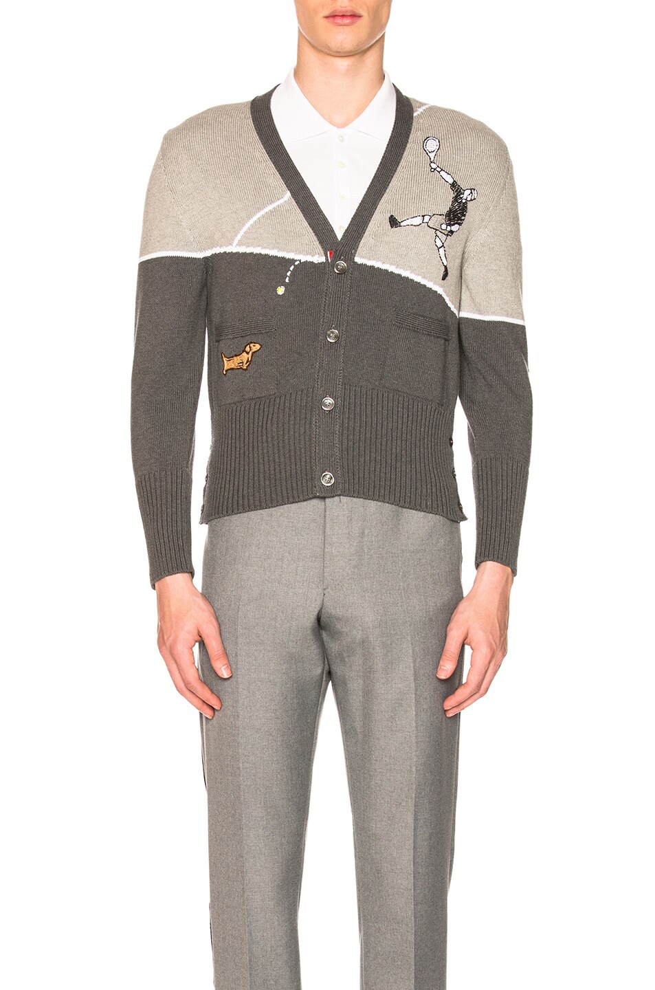 Image 1 of Thom Browne Classic Cotton Crepe Tennis Embroidered Cardigan in Tonal Grey