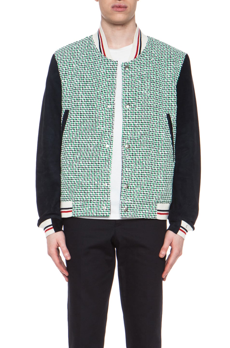 Image 1 of Thom Browne Tweed Nylon-Blend Varsity Jacket in Navy & Green
