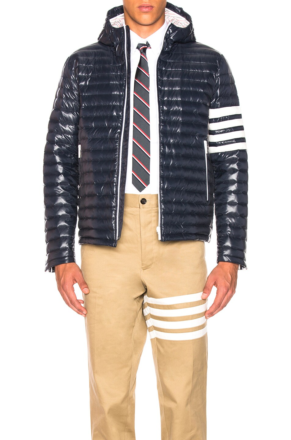 Image 1 of Thom Browne 4 Bar Stripe Quilted Hooded Jacket in Navy