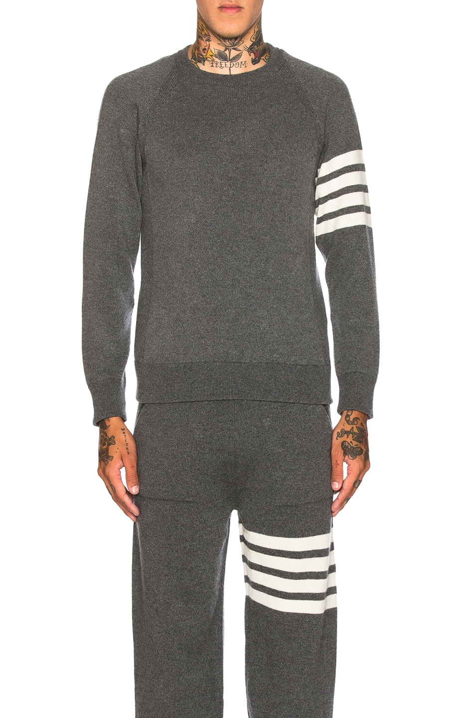 Image 1 of Thom Browne Cashmere 4 Bar Stripe Crewneck Sweatshirt in Medium Grey