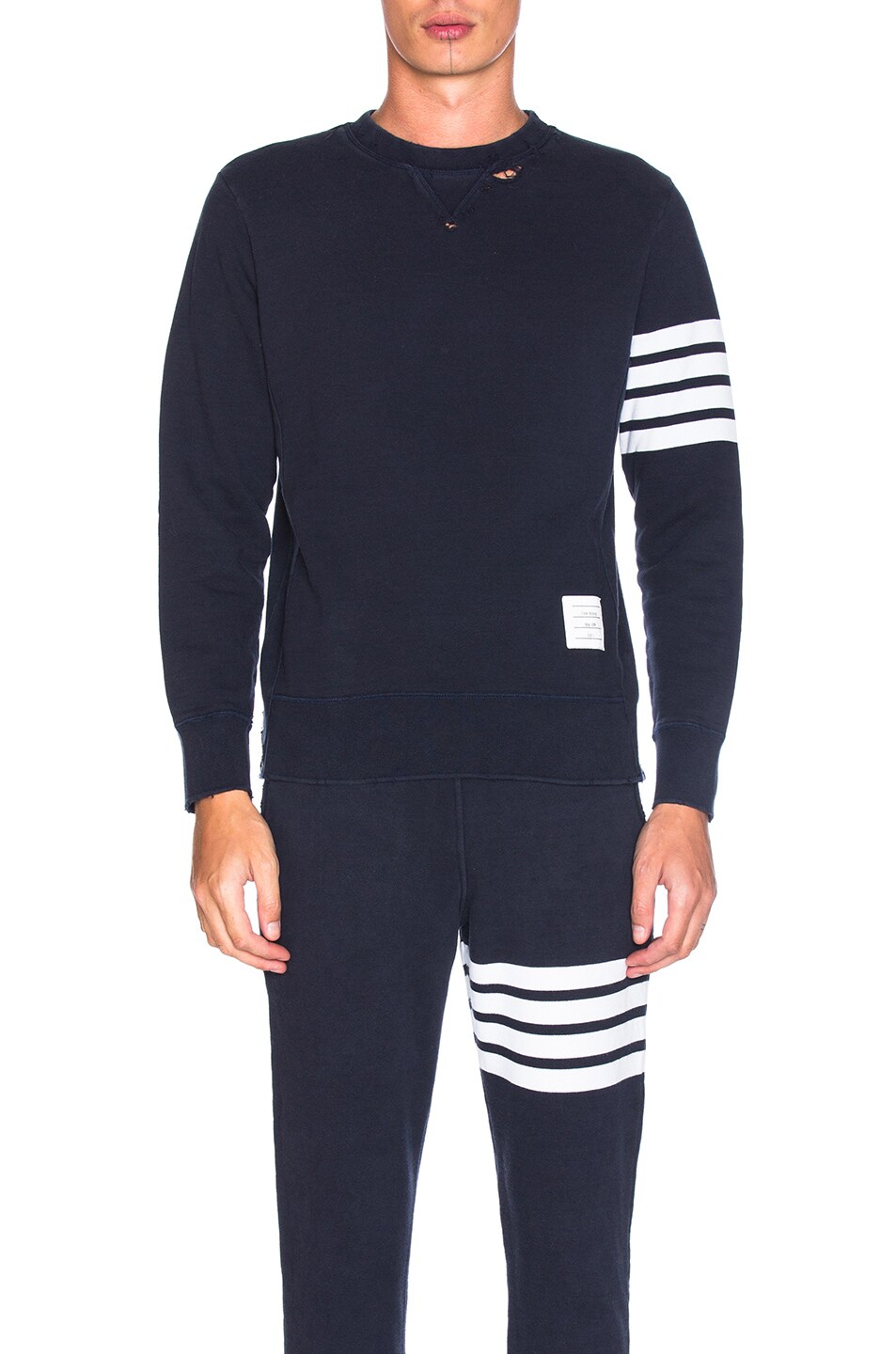 Image 1 of Thom Browne Distressed 4 Bar Stripe Sweatshirt in Navy