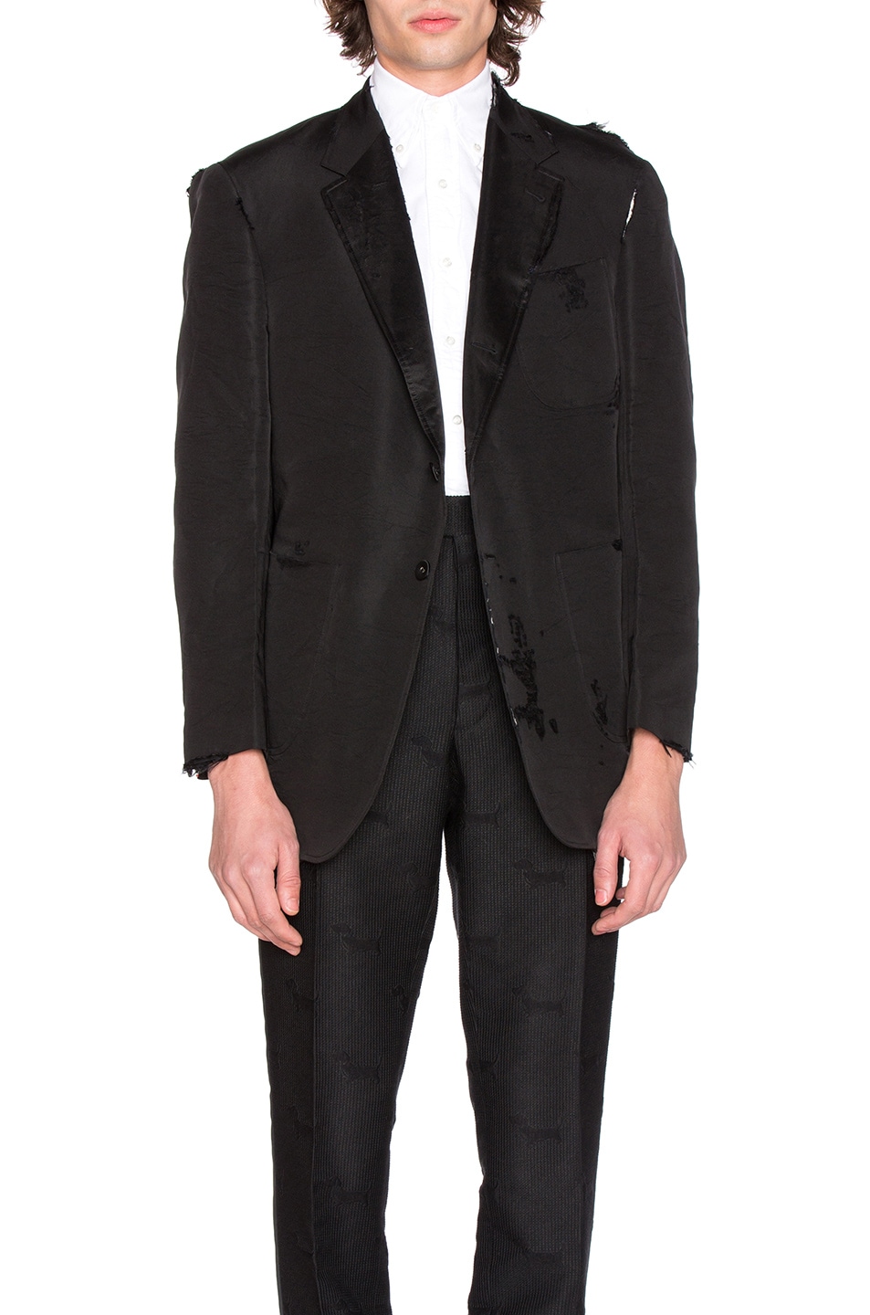 Image 1 of Thom Browne Silk Faile Double Breasted Distressed Jacket in Black