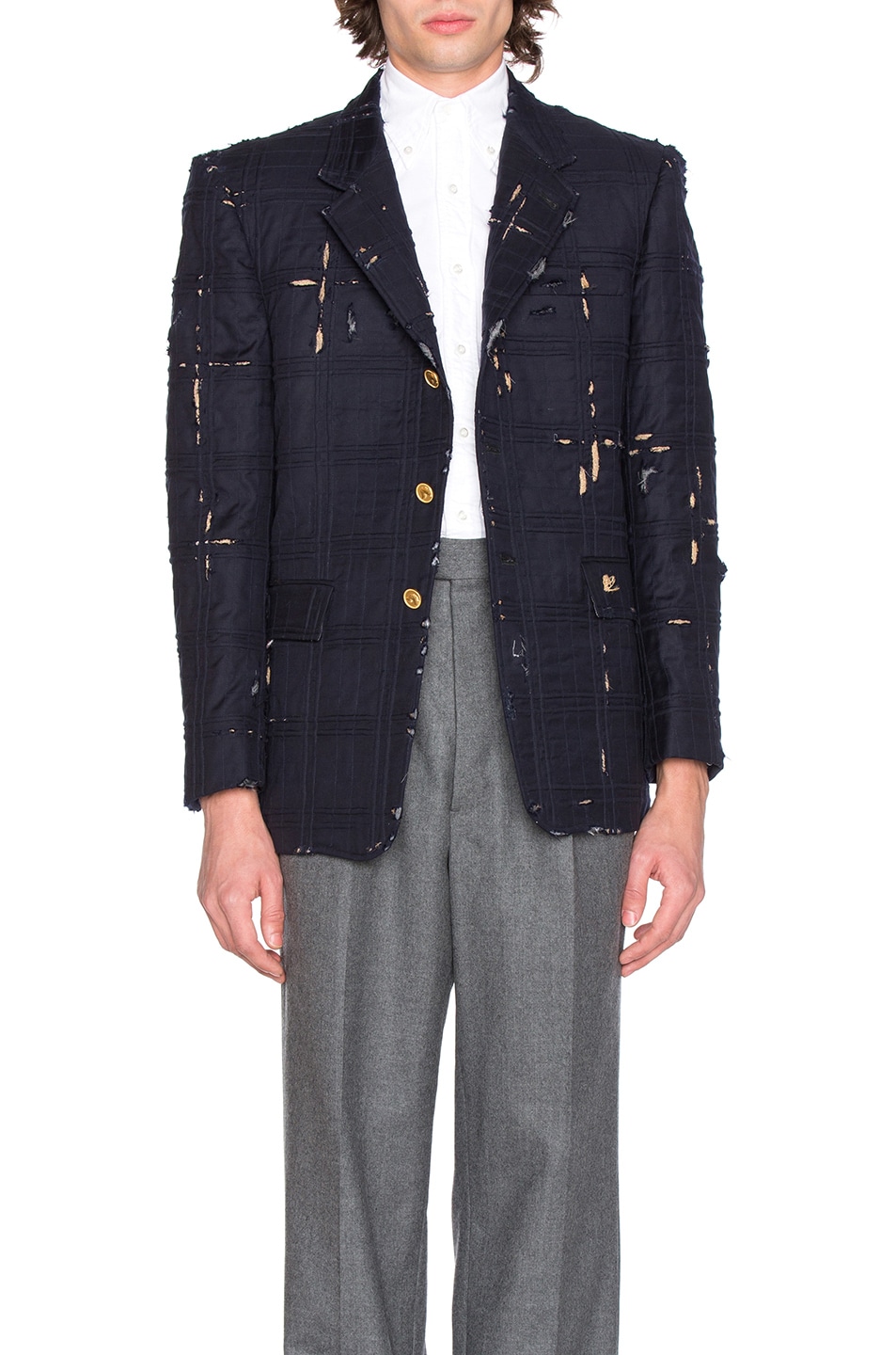 Image 1 of Thom Browne Tartan Check Embroidery Distressed Jacket in Navy