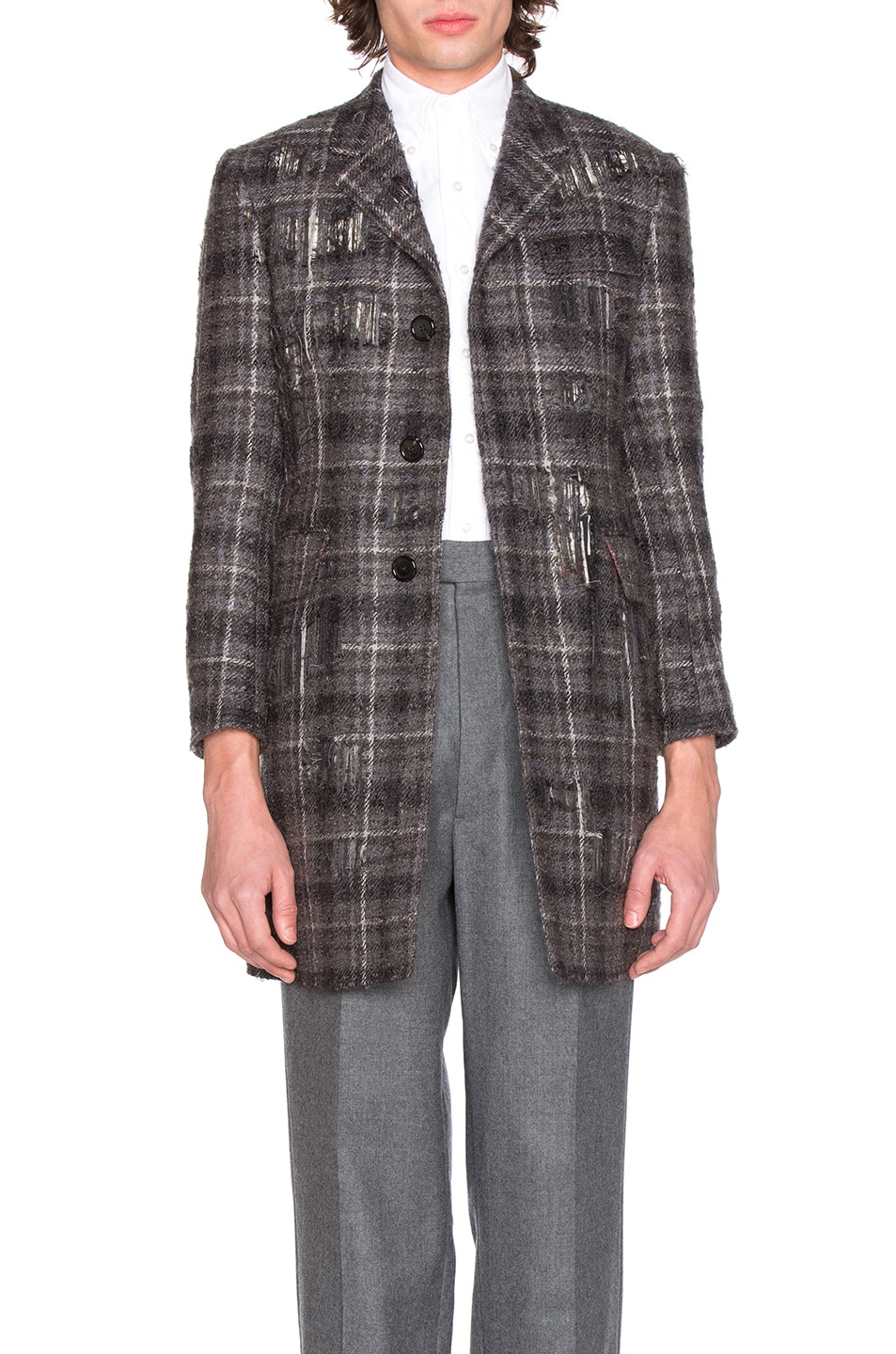 Image 1 of Thom Browne Distressed Tartan Tweed Coat in Medium Grey