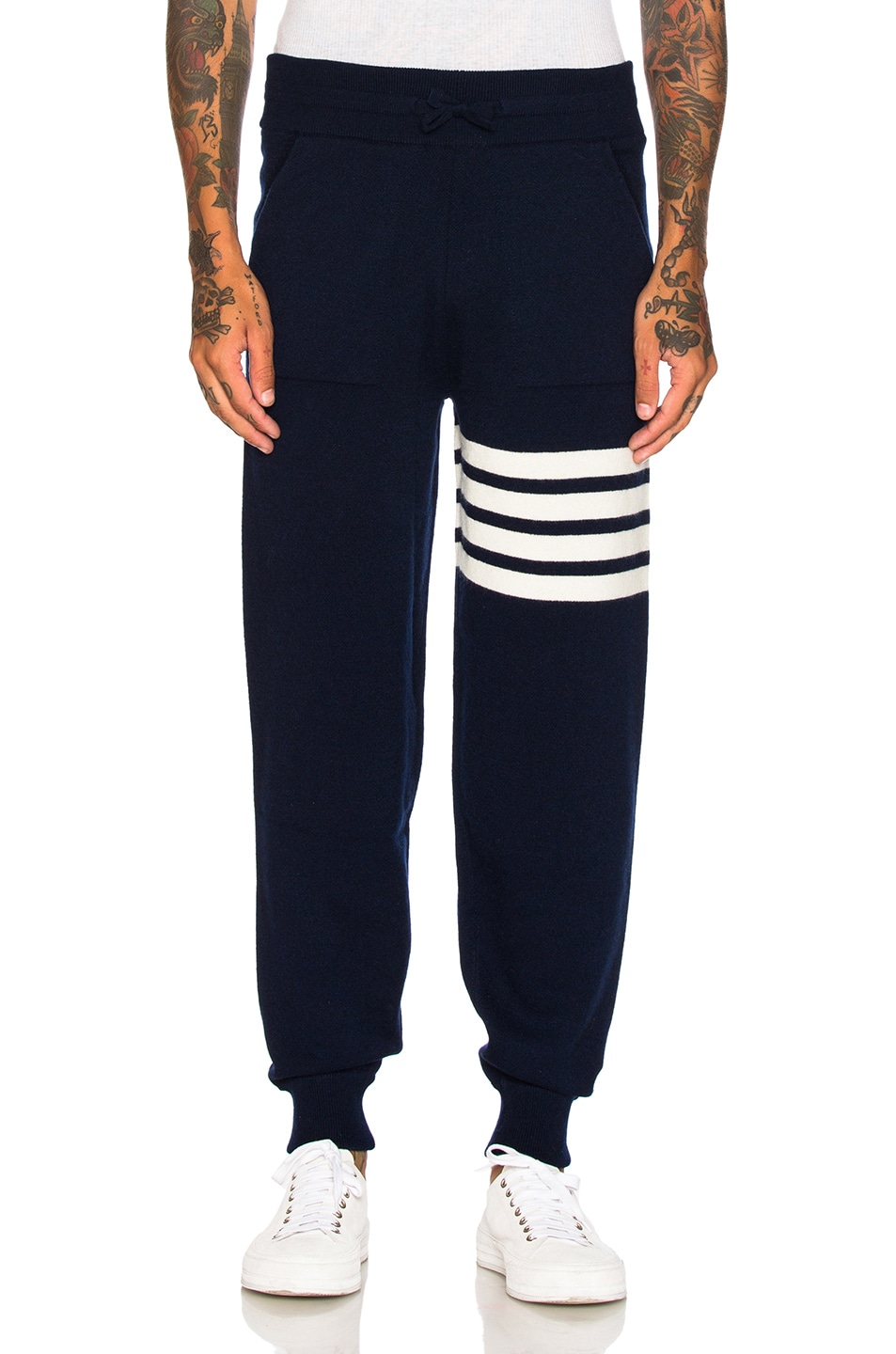 Image 1 of Thom Browne Cashmere 4 Bar Stripe Sweatpants in Navy