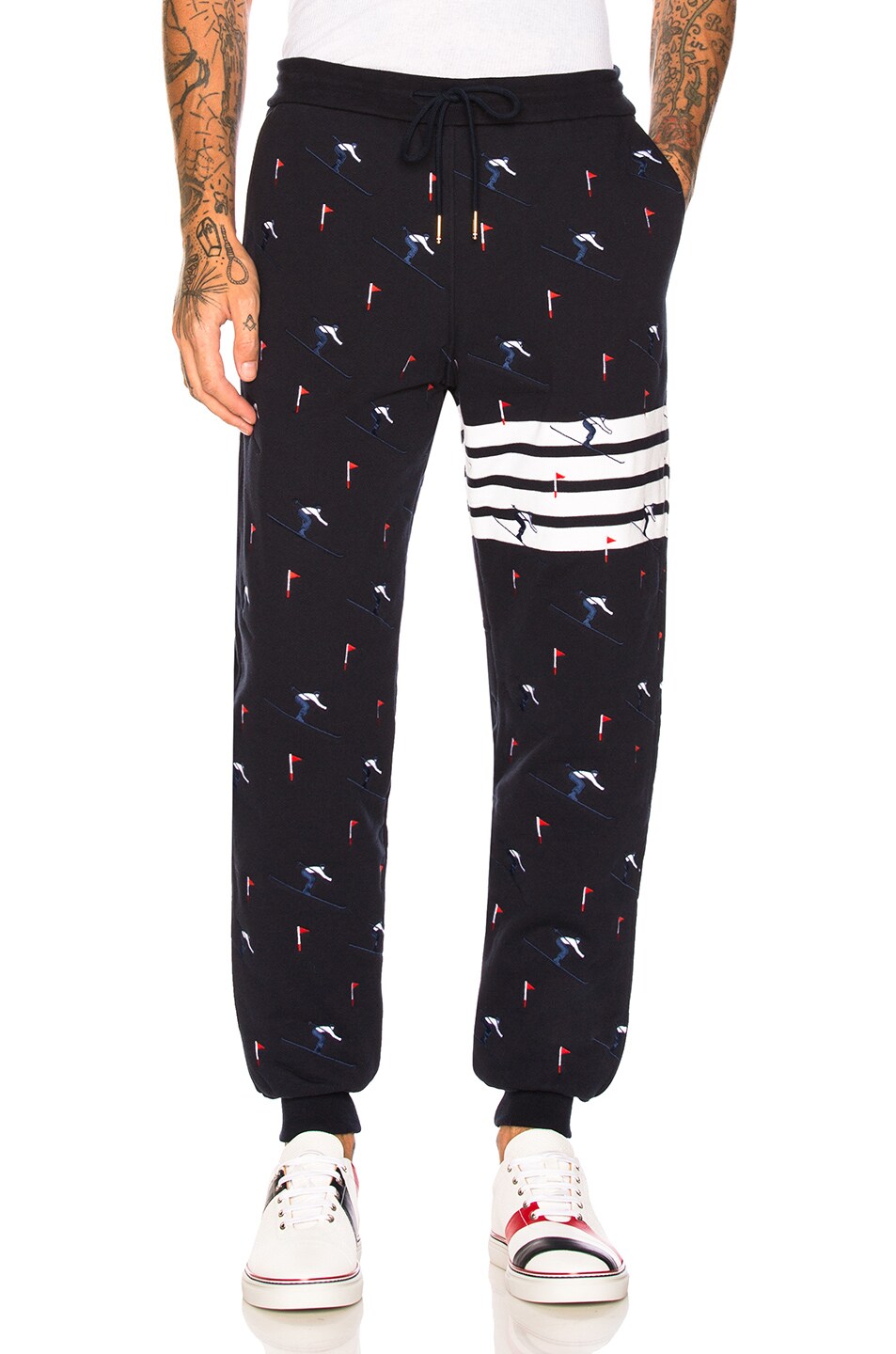 Image 1 of Thom Browne Quilted Loopback Sweatpants with Skier Embroidery in Navy