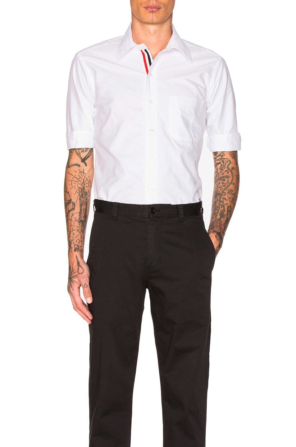 Image 1 of Thom Browne Classic Short Sleeve Button Down with Ribbon Placket in White