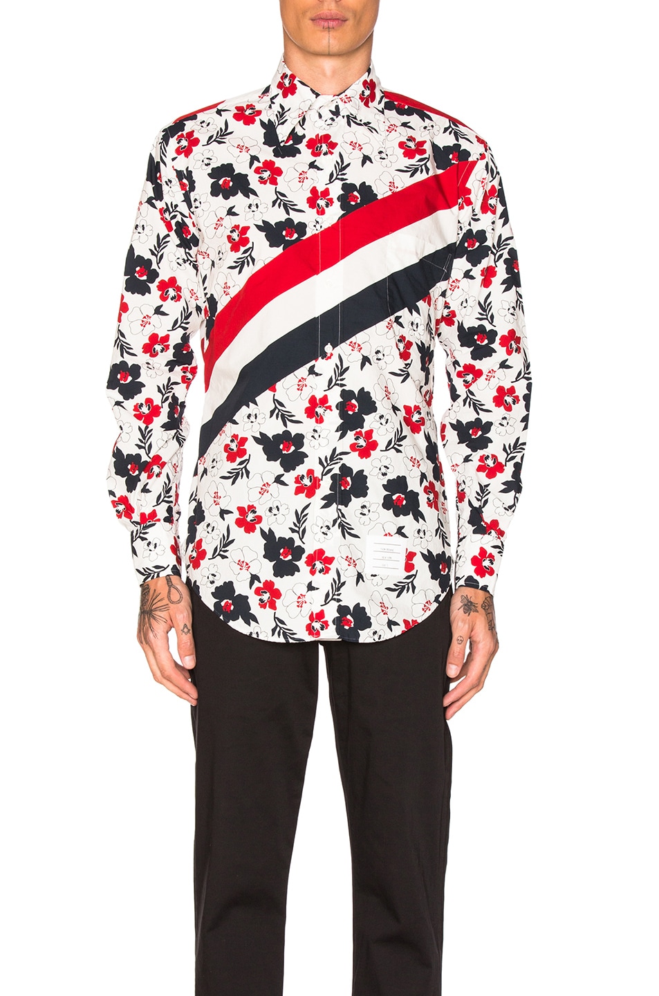 Image 1 of Thom Browne Floral Print Diagonal Stripe Shirt in Red, White & Blue