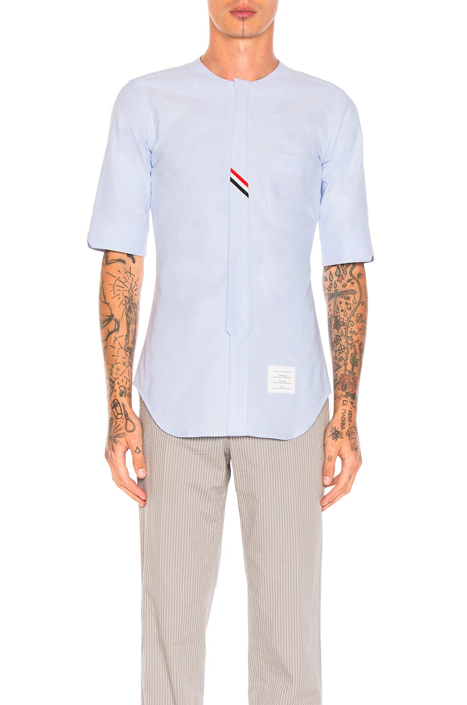 Image 1 of Thom Browne Collarless Short Sleeve Oxford in Light Blue