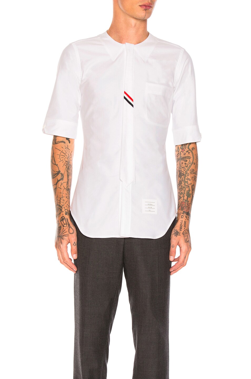 Image 1 of Thom Browne Collarless Short Sleeve Oxford in Off White