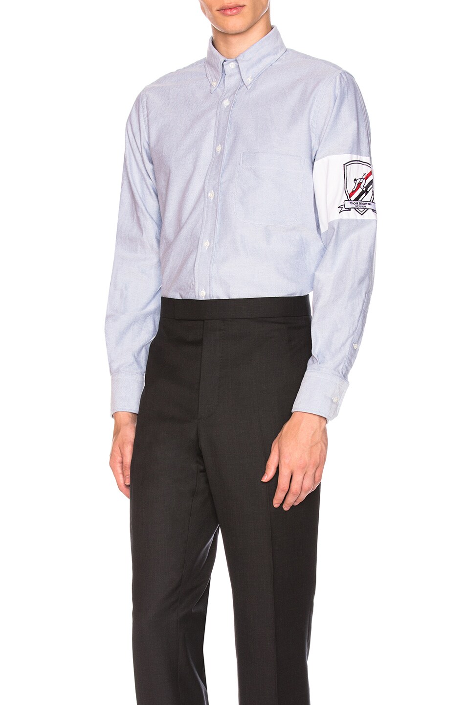 Image 1 of Thom Browne Oxford Button Down with Embroidery Patch Arm Band in Blue