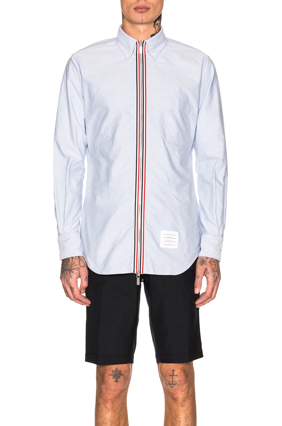 Image 1 of Thom Browne Zip Front Classic Long Sleeve Point Collar Shirt in Light Blue