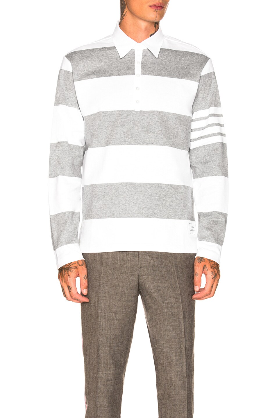 Image 1 of Thom Browne Relaxed Fit Long Sleeve Polo in Light Grey