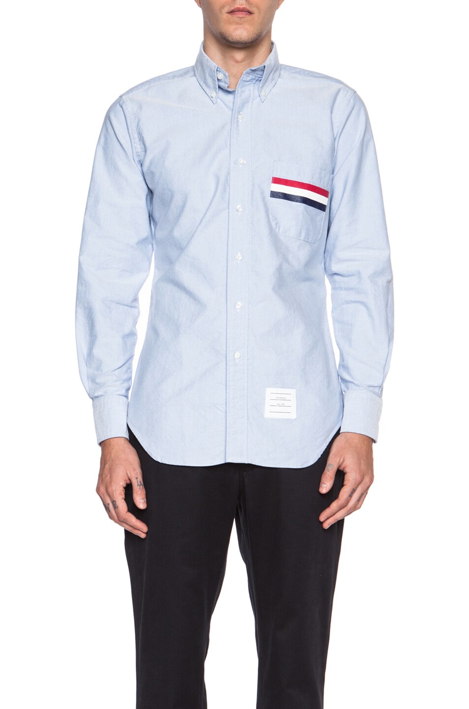 Image 1 of Thom Browne Oxford Classic Cotton Button Down with Ribbon Pocket in Blue