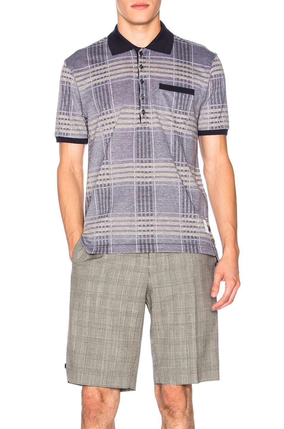 Image 1 of Thom Browne Oversize Check Pique Polo in Navy & Winter White