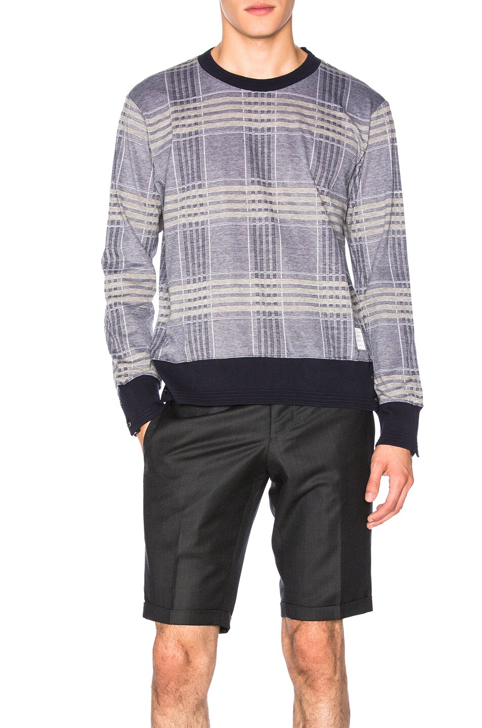 Image 1 of Thom Browne Oversize Check Pique Long Sleeve Tee in Navy & Winter White